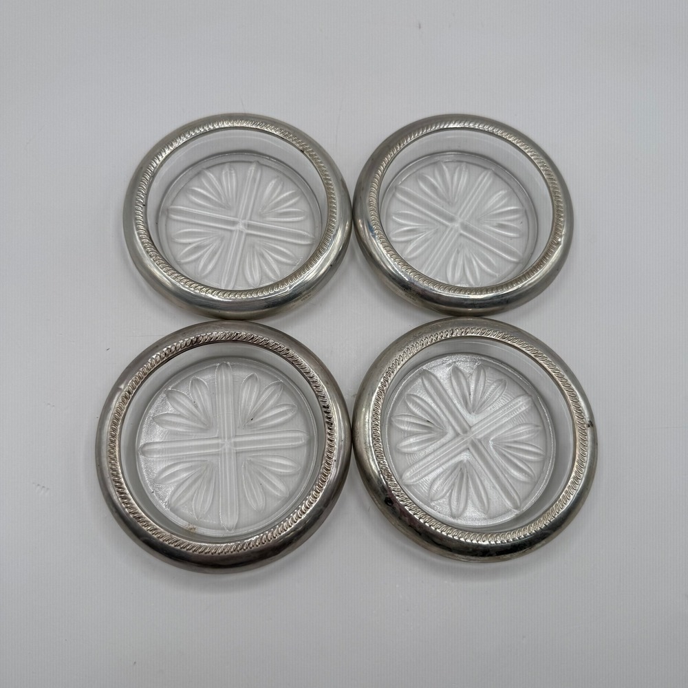 F.B. Rogers Silver Co Coasters OS Silver Sterling Glass Set of 4 Starburst